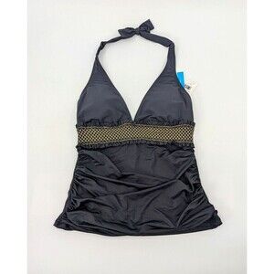 Bleu Rod Beattie Tankini Top Womens 10 Black Halter Metallic Contrast Ruched